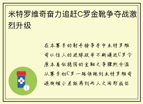 米特罗维奇奋力追赶C罗金靴争夺战激烈升级