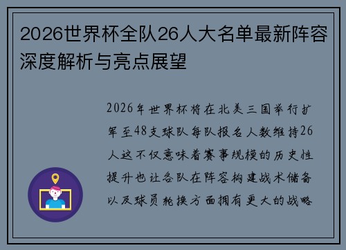 2026世界杯全队26人大名单最新阵容深度解析与亮点展望 2026世界杯全队26人大名单最新阵容深度解析与亮点展望