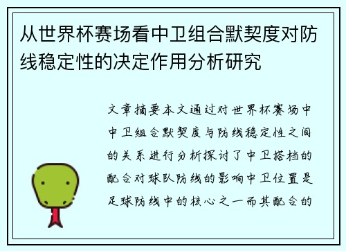 从世界杯赛场看中卫组合默契度对防线稳定性的决定作用分析研究