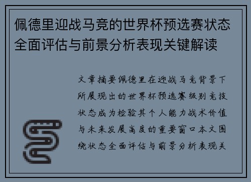 佩德里迎战马竞的世界杯预选赛状态全面评估与前景分析表现关键解读